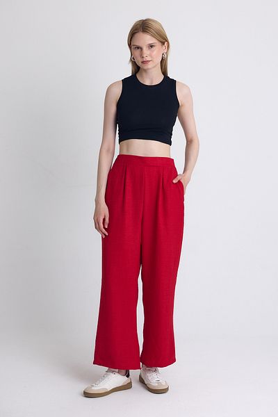 Rays Red High Waist Front Pleat Detail Cotton Wide Leg Pants 8014A