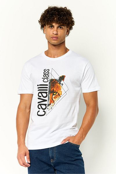 Cavalli Class Men Crew Neck Short Sleeves Graphic Print T-Shirt, White