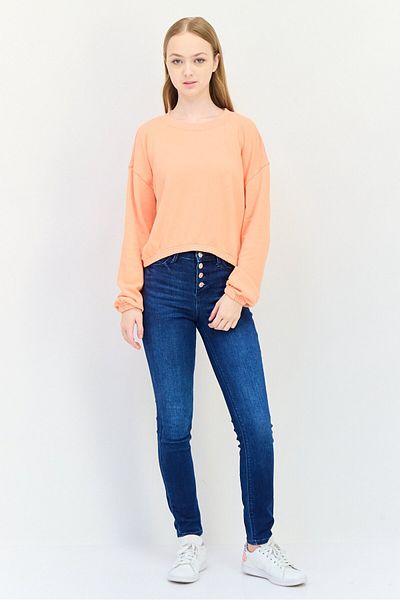 aerie Women Crew Neck Plain Long Sleeve Crop Sweatshirt, Orange