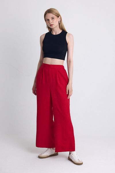 Rays Red High Waist Front Pleat Detail Cotton Wide Leg Pants 8014A