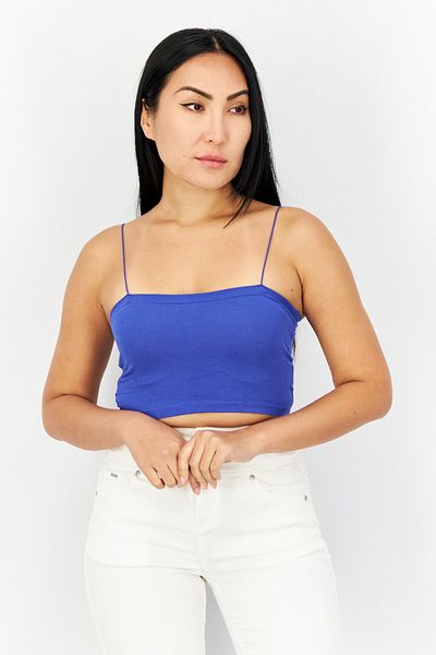 Sinsay Women Square Neck Spaghetti Sleeve Solid Top, Blue