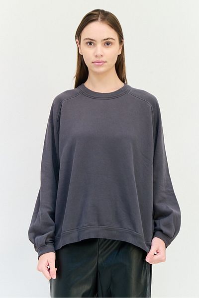 aerie Women Ribbed Collar Plain Long Sleeve Sweatshirt, Dark Grey