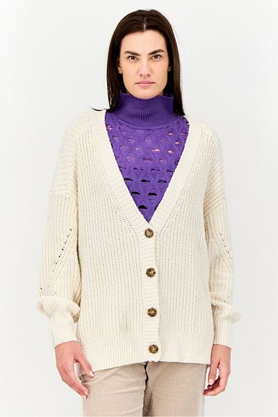 aerie Women Ribbed Collar Crochet Cardigan, Cream