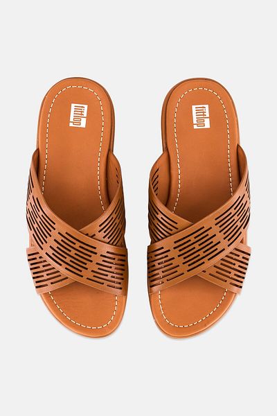 Fitflop Women Lulu sleek Laser Cut Slip On Cross Sandals, Brown