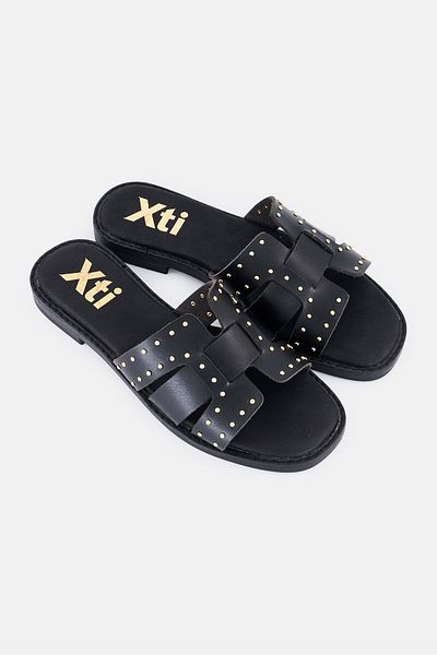 XTI صندل جلدي سهل الارتداء للنساء، أسود