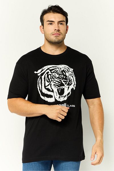 Cavalli Class Men Crew Neck Short Sleeves Graphic Print T-Shirt, Black