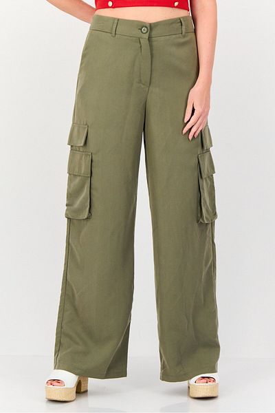 Koton Women Regular Fit Solid Wide Leg Pants, Olive