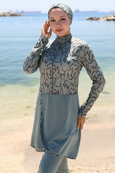hafsamina Lycra Patterned Skirt Full Covered Swimsuit Mint Hm2789