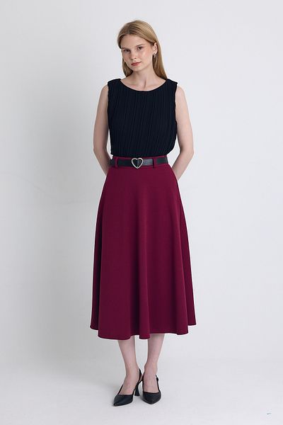 Rays Burgundy Belted A-Line Midi Skirt 4806A