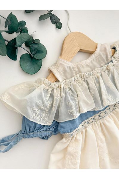 PİTABABY Denim Ruffle Embroidery Off-The-Shoulder Baby Girl Dress
