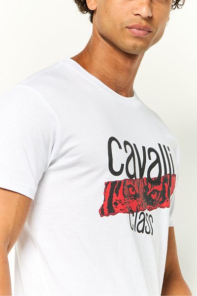 Cavalli Class Men Crew Neck Short Sleeves Graphic Print T-Shirt, White