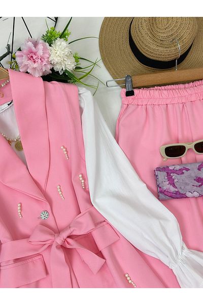 YEDİLALE Pearl Embroidered Vest Pants Double Set [Including Jacket,Pants, Sash in Price]]