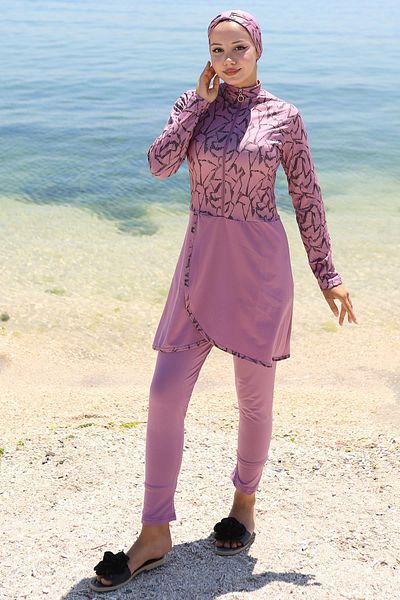 hafsamina Lycra Patterned Skirt Full Covered Swimsuit Dusty Rose Hm2789