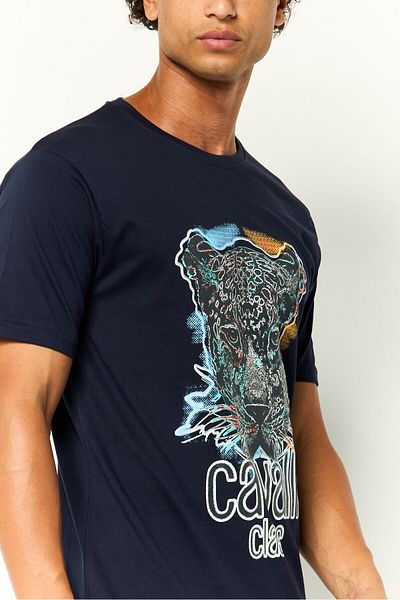 Cavalli Class Men Crew Neck Short Sleeves Graphic Print T-Shirt, Navy Blue