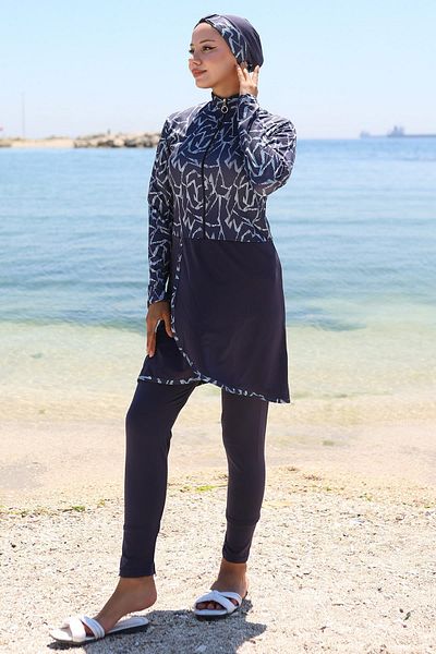 hafsamina Lycra Patterned Skirt Full Covered Swimsuit Navy Blue Hm2789
