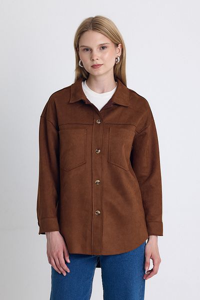 Rays Jachetă cămașă oversize cu aspect de piele intoarsa maro 7325A