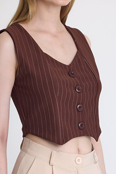 Rays Coffee Striped V-Neck Buttoned Crop Vest with Cuff Detail 4288A