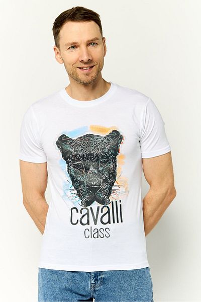 Cavalli Class Men Crew Neck Short Sleeves Brand Logo T-Shirt, White