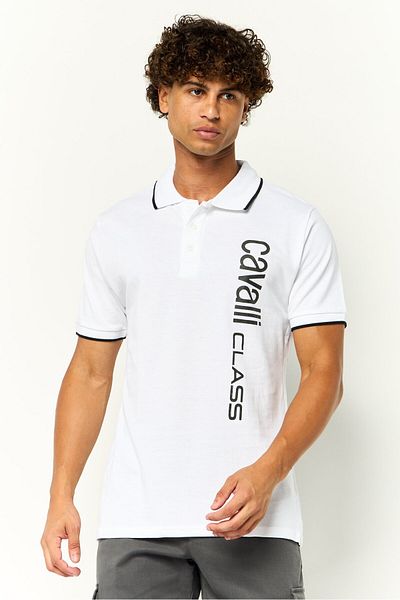 Cavalli Class Men Regular Fit Short Sleeve Brand Logo Polo Shirt, White