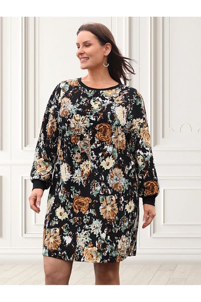 UniqueStore.ro Plus Size Black Dress With Sophisticated Floral Print