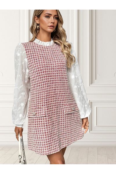 UniqueStore.ro Rochie Scurtă Roz Cu Mâneci Brodate