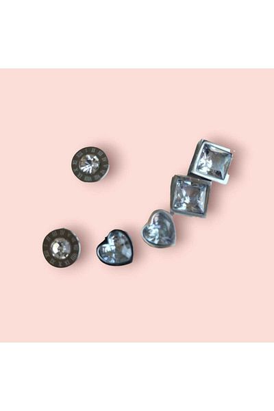 Begonia Accessories Steel Earrings Studded Set of 3 Earrings 9 mm Heart, Square and Round Middle Zircon Stone