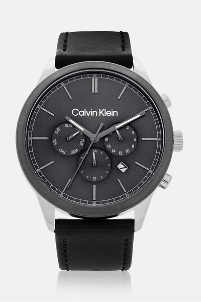 Calvin Klein Men 25200379 Leather Analog Watch 44mm, Black