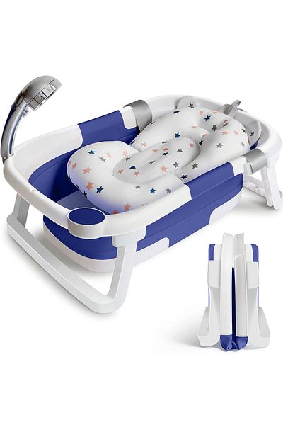 Little Mom Cadita bebelusi ultrapliabila Little Mom Blue, cu pernuta moale plutitoare, termometru incorporat, d