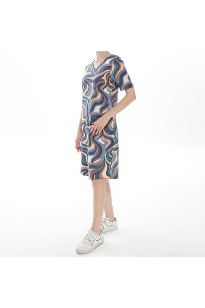 ASN concept Women's Wave Patterned Navy Blue Dress (with Plus Size Option)