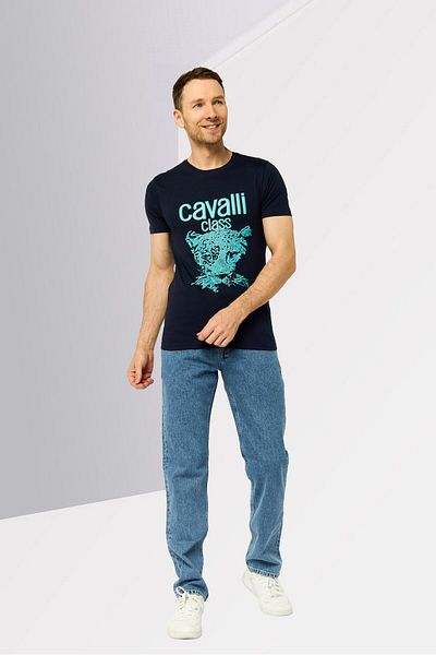 Cavalli Class Men Crew Neck Short Sleeves Brand Logo T-Shirt, Navy