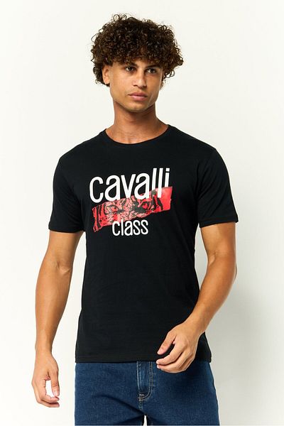 Cavalli Class Men Crew Neck Short Sleeves Graphic Print T-Shirt, Black