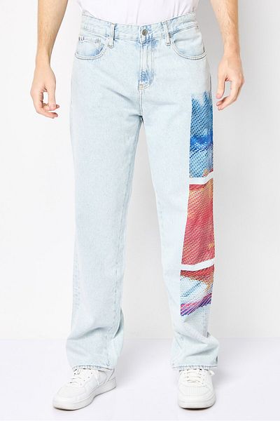 Calvin Klein Men Straight Fit Washed Non Stretchable Denim Jeans, Blue