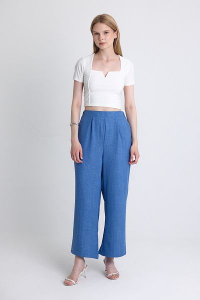 Rays Indigo High Waist Front Pleat Detail Cotton Wide Leg Pants 8014A
