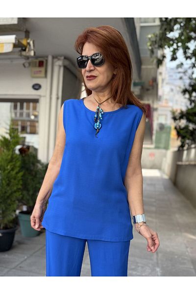 DenizEge Viscose Sleeveless Blouse Saks Blue