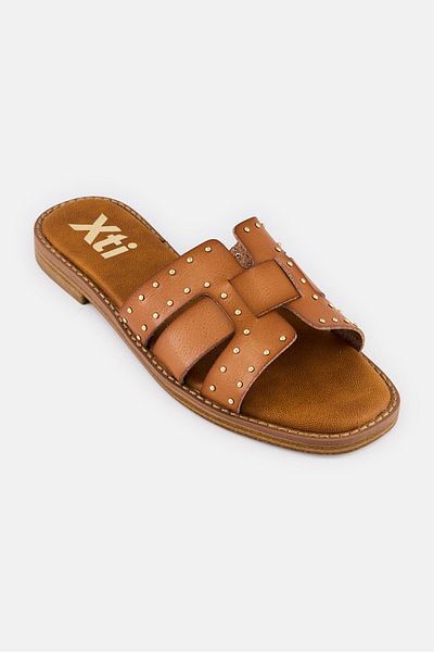 XTI Women Slip On Leather Sandals, Brown