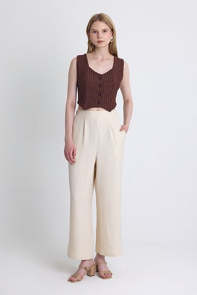 Rays Beige High Waist Front Pleat Detail Cotton Wide Leg Pants 8014A