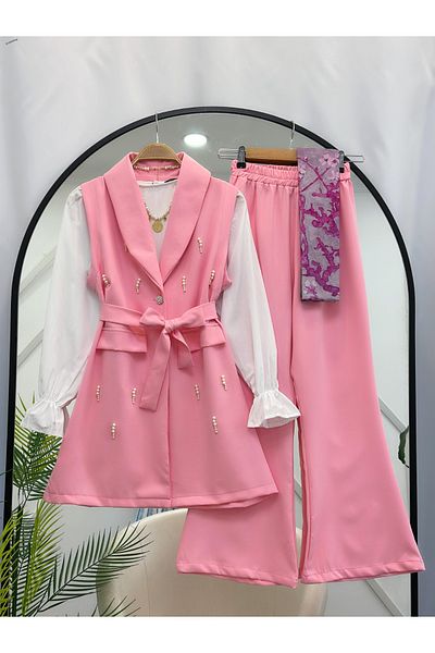 YEDİLALE Pearl Embroidered Vest Pants Double Set [Including Jacket,Pants, Sash in Price]]