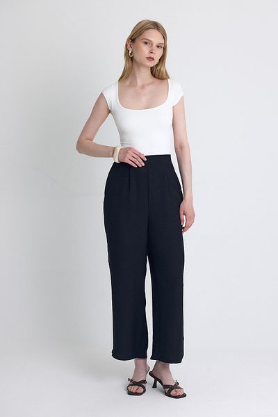 Rays Black High Waist Front Pleat Detail Cotton Wide Leg Pants 8014A