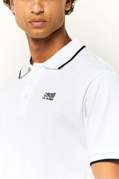 Cavalli Class Men Regular Fit Short Sleeve Brand Logo Polo Shirt, White