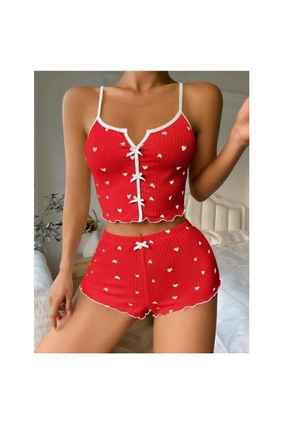 Findit Red over White Heart Patterned Suspender Shorts Pajama Set