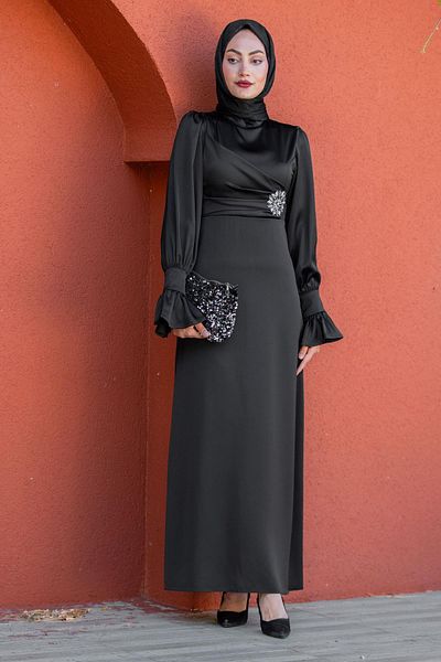 Tesettür Çarşım Simly Stone Embroidered Satin Evening Dress-Black