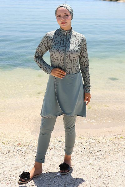 hafsamina Lycra Patterned Skirt Full Covered Swimsuit Mint Hm2789