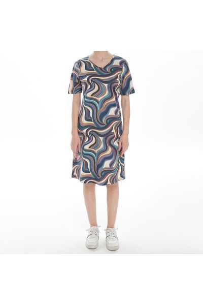 ASN concept Women's Wave Patterned Navy Blue Dress (with Plus Size Option)