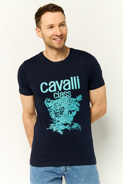 Cavalli Class Men Crew Neck Short Sleeves Brand Logo T-Shirt, Navy