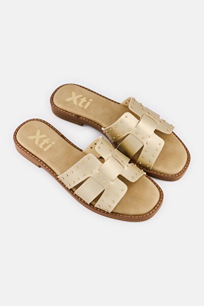XTI Women Slip On Leather Sandals, Light Gold