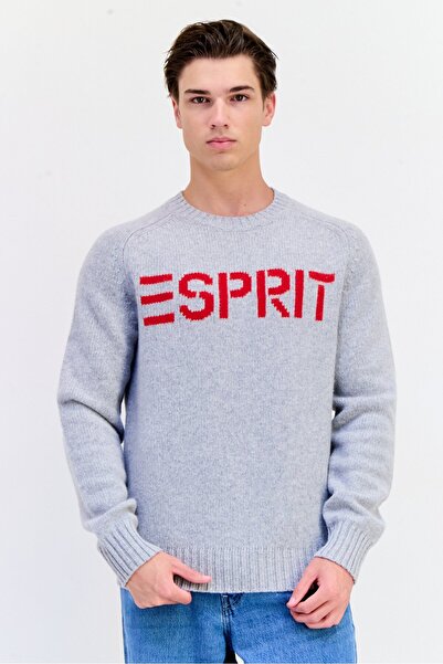 Esprit Men Ribbed Collar Brand Logo Sweater, Grey