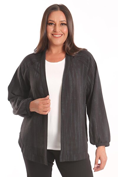 Metpoint Trend42plus Büyük Beden Kumaşı Çizgili Kolları Lastikli Oversize Siyah Ceket