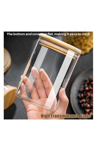 Bisbell 3Pcs Square Glass Storage Jars With Airtight Bamboo Lid,Spice jar,620ML,BB4014