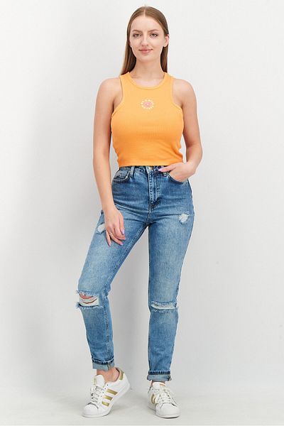 Sinsay Women Round Neck Sleeveless Embroidered Tank Top, Orange