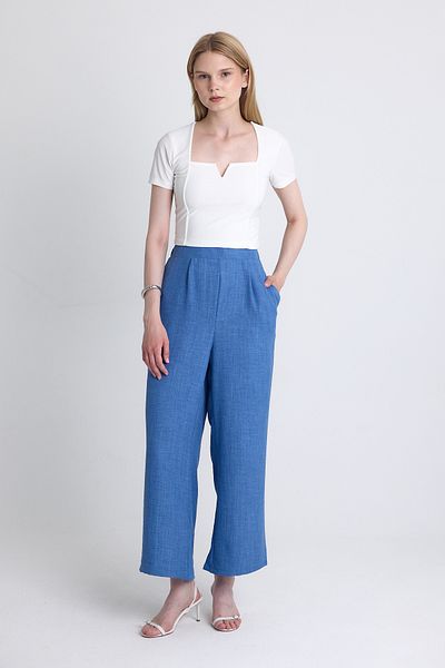 Rays Indigo High Waist Front Pleat Detail Cotton Wide Leg Pants 8014A
